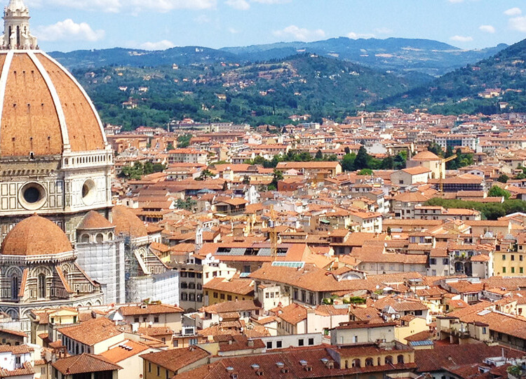 A view of the Florence Cityscape, with the famous Cathedral of Santa del Fiore featuring prominently.