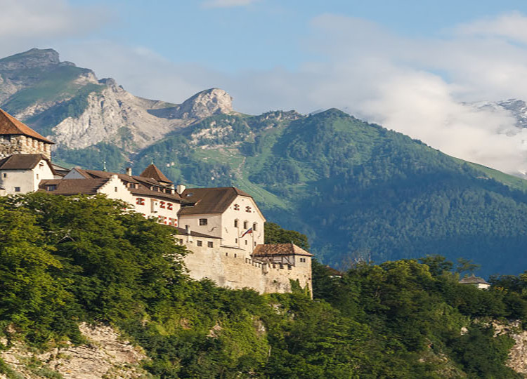 Vaduz Castle overlooking a valley in Liechtenstein.