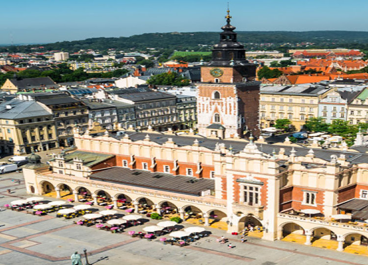 An overhead view of Krakow's famous Cloth Hall, a central feature of the city's old town market square dating back to the Renaissance period.