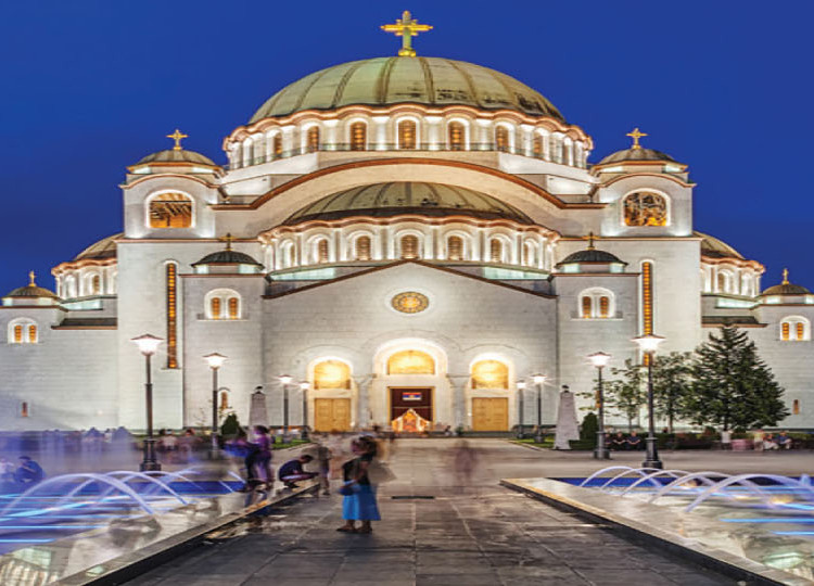 View of the Saint Sava Temple in Belgravia at night.