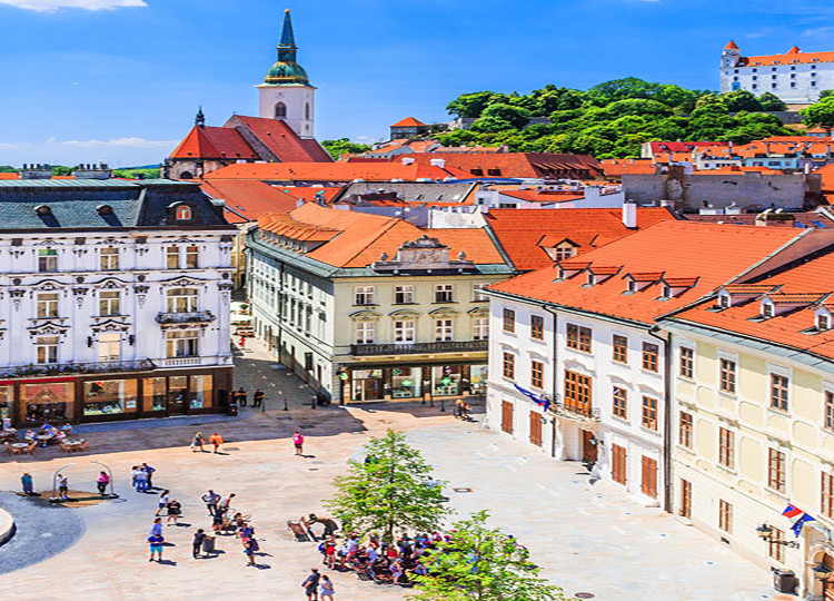 An overhead view of Bratislava's Main Square on a sunny day.