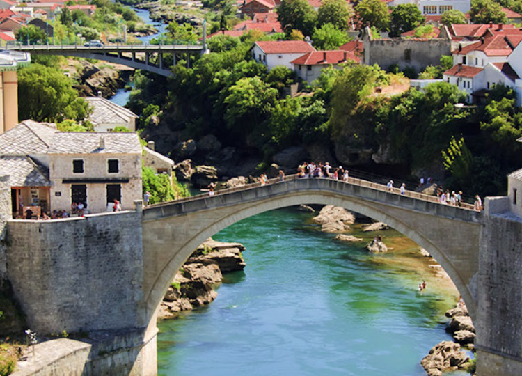 A view of the Mostar Old Bridge, a reconstructed medieval bridge in the city of Mostar.