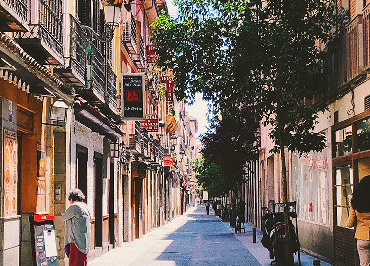 A look down Calle de las Huertas, a famous street in Madrid's Literary Quarter full of quotes of famous quotes from the works of Miguel de Cervantes engraved onto the road.