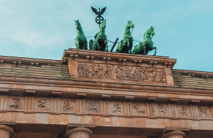 A view of the top of the iconic Brandenburg Gate in Berlin.