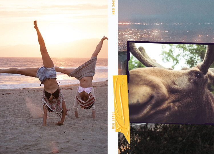 North America group tours collage with Topdeck travelers doing cartwheels on California beach.